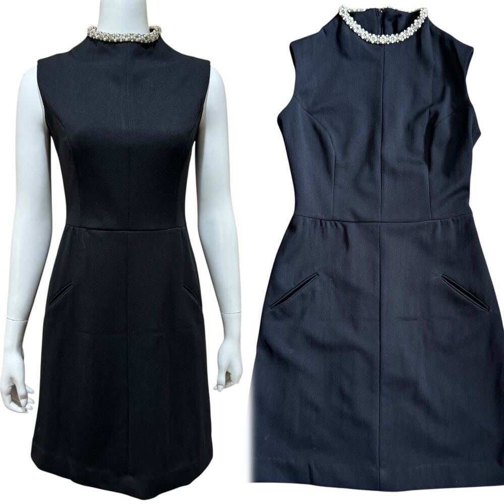 Vintage Black Union Made Sleeveless Dress Beaded Pearl Neck No Size
